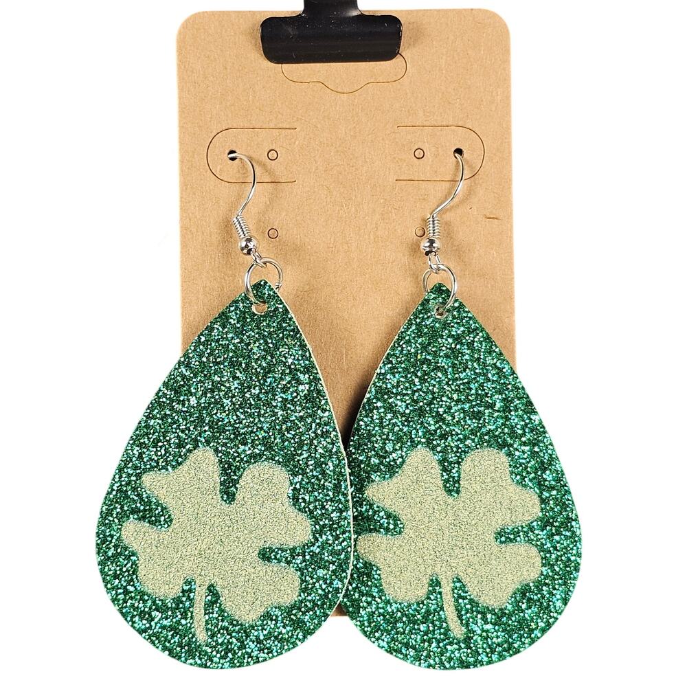 New Green Glitter Shamrock Teardrop Dangle Earrings St. Patrick’s Day Clover